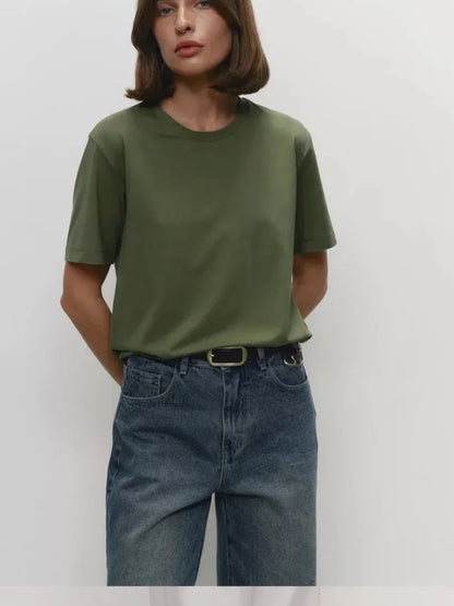 Summer 100% Cotton Women's T-shirt Bottoming Basic Fashionable Lady Short Sleeve Loose Tops Shirts Solid 230g/㎡ Tops