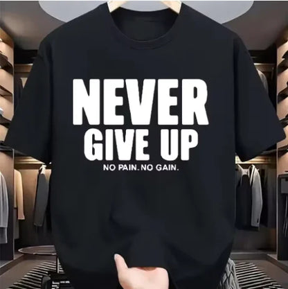 Men's Pure Cotton Fashionable Casual Loose  Sports Never Give Up Letter  Pattern Printed Round  Neck Short Sleeved  T-shirt Top.