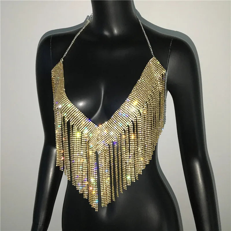 Bling Rhinestones Tassel Party Crop Top Woman Fashion Halter Neck Backless Design Full Diamond Sequins Nightclub Clubwear