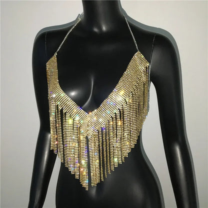Bling Rhinestones Tassel Party Crop Top Woman Fashion Halter Neck Backless Design Full Diamond Sequins Nightclub Clubwear