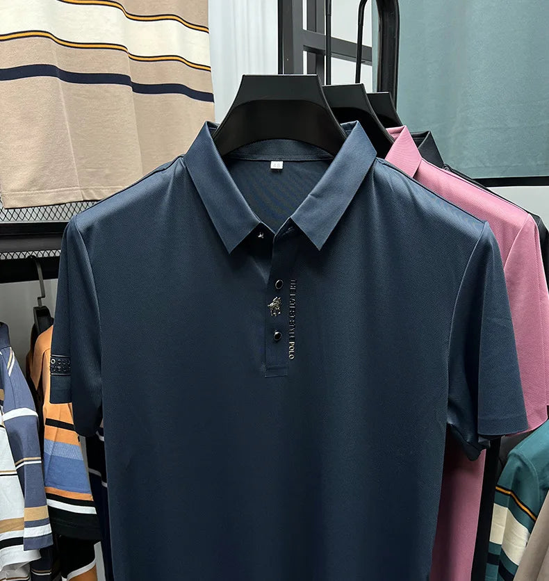 High quality silk breathable short sleeve POLO shirt men's lapel top 2024 summer new light luxury brand printed casual T-shirt