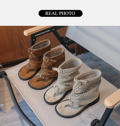 Ankle-strap Summer Slouchy Boots for Girls Suede Leather High-top Sandals Princess Cut-outs Flip Flop Dress Shoes Child J03203
