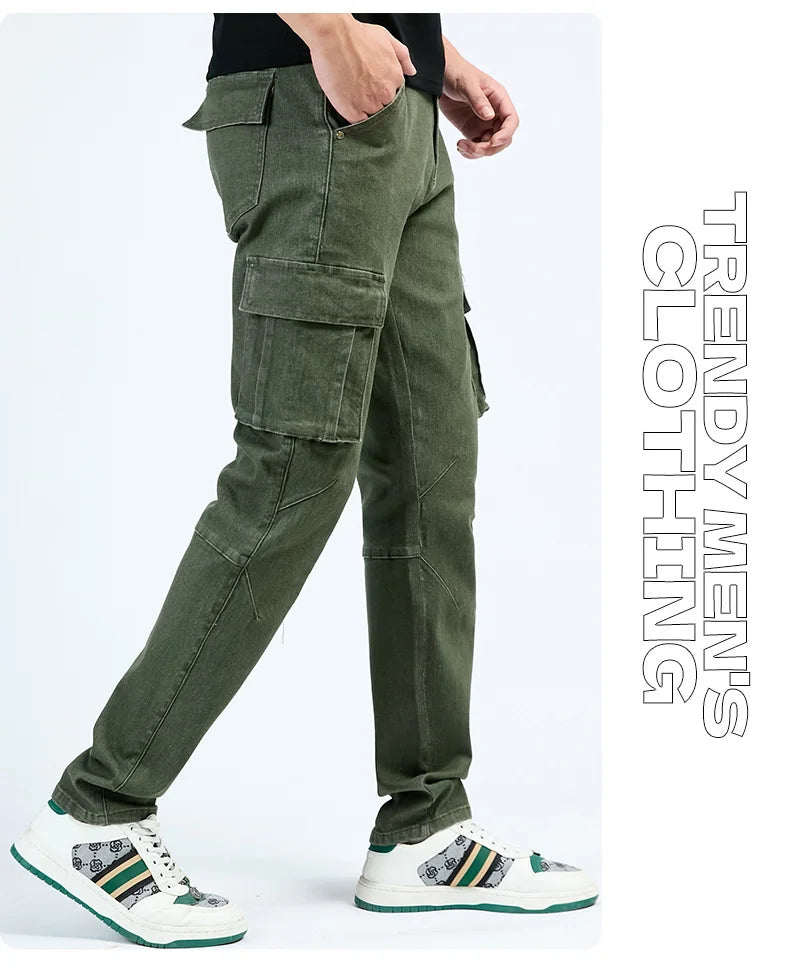 Men's Jeans Street Style Waist Denim Cargo Pants Solid Color Washed Slim Fit Casual Jeans with Multiple Pockets for Daily Wear