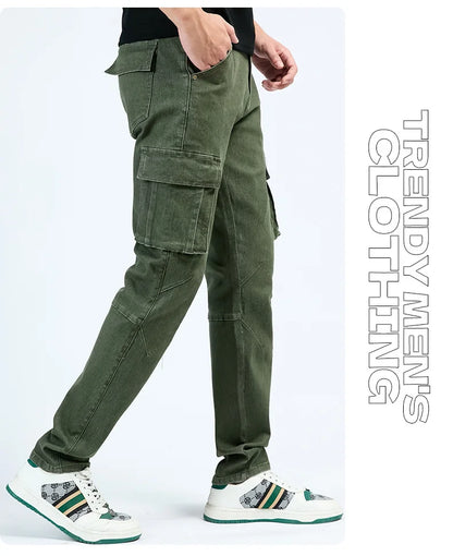 Men's Jeans Street Style Waist Denim Cargo Pants Solid Color Washed Slim Fit Casual Jeans with Multiple Pockets for Daily Wear