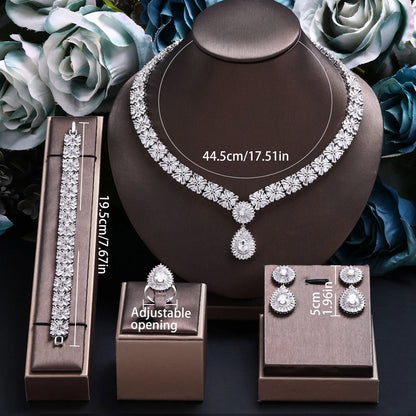 Popular Water Drop Bridal Jewelry Sets For Women Gold Plated CZ Zircon 4pcs Necklace Earring Sets Dubai Wedding Jewelry