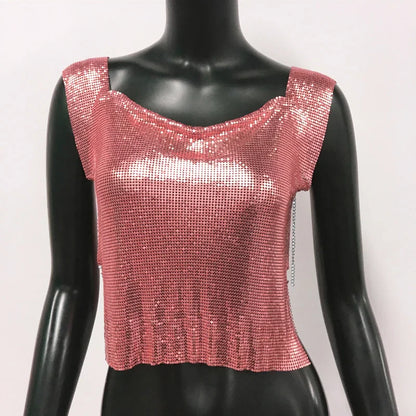 Women Metal Sequins Crop Tops Sexy Hollow Out Sleeveless Backless Y2k Tank Tops Nightclub Party Rave Festival Camisole 2023 New