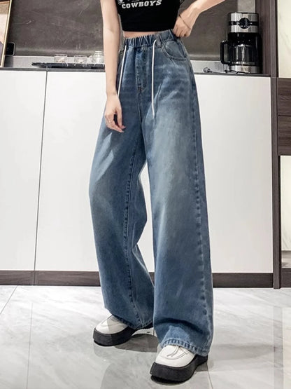Calça Jeans Feminina Plus Size Folgada Cintura Alta Perna Larga Azul Claro Elástico na Cintura Cordão Calças Outono Moda Plus Size