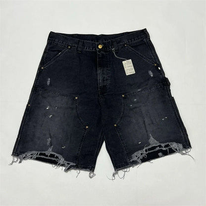 Black Nice Washed Damaged Saint DOUBLE KNEE Zipper Denim Shorts Men Women Oversized Shorts