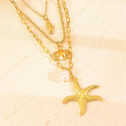 Women's 316L Stainless Steel Starfish Conch Shell Pearl Pendant Necklace 3-in-1 Choker Chain Jewelry Gift