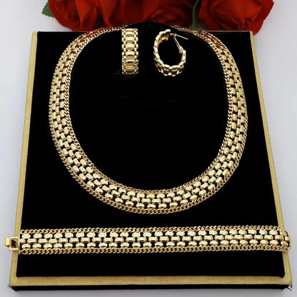 Dubai Luxury Handmade Women Jewelry Set 18k Gold-Plated Chain Necklace Bracelet Stud Earring Full Set Party Wedding Bijoux