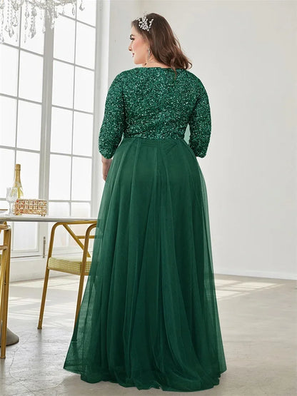 Plus Size Luxury Floor Length V-Neck Evening Dress Women Elegant Party Maxi Dress Sequins Short Sleeves Prom Cocktail Gowns