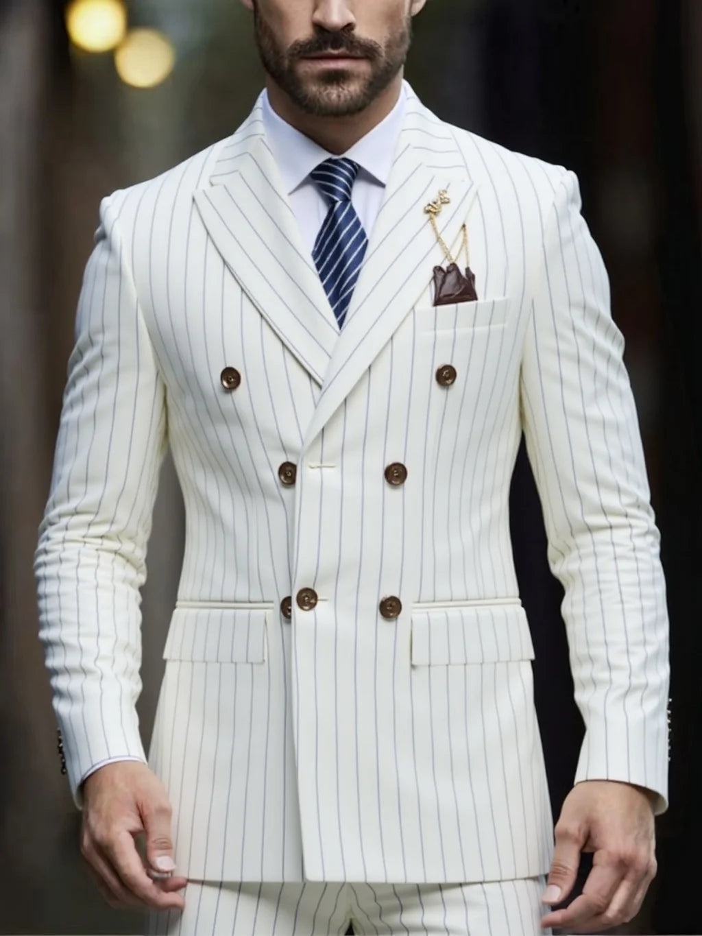 Men's Pinstripe Suit Set Classic Double Breasted Peak Lapel Slim Fit 2 Piece Blazer Pants For Business Formal Wedding