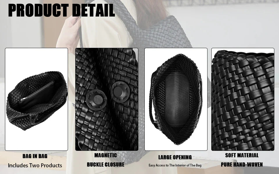 Woven Tote Bag Womens Purse Vegan Leather Shoulder Handbags - Fashion Summer Beach Tote Bags - Large Travel Totes