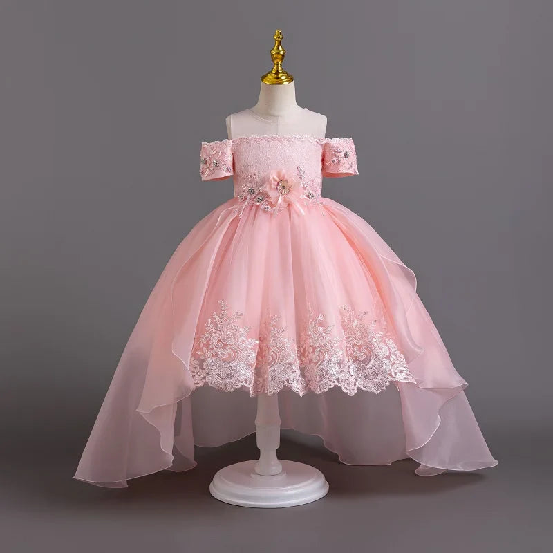 2026 New Summer Flower Girl Graduation Performance Tailcoat Embroidered Party Dress Trailing Tulle3-11 Years Old The Girl Dress