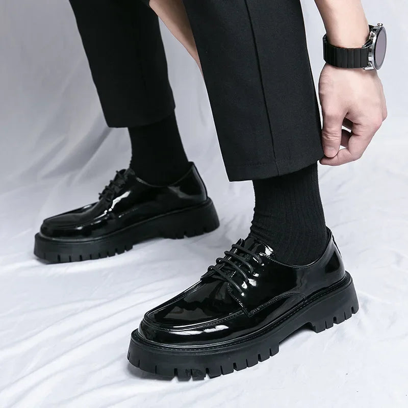 Men's Business Formal Shoes Thick Bottom Polish Leather Shiny Surface Large Size 47 round Toe Shoes Fashionable Workwear