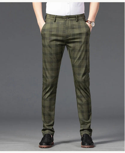 Brand Clothing Mens Casual Pants Fashion Plaid Classic Business Formal Trousers Elastic Straight Social Luxury Suit Pants