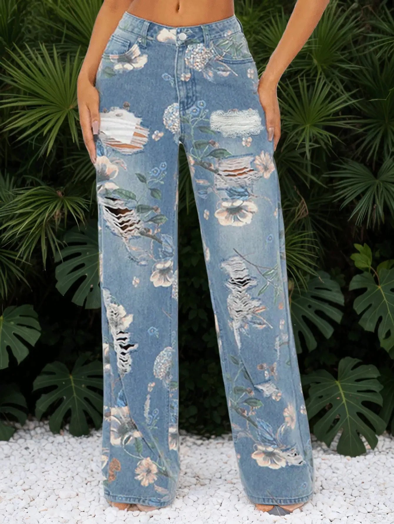 Women's Printed Straight-Leg Distressed Denim Jeans