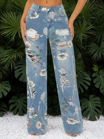 Women's Printed Straight-Leg Distressed Denim Jeans