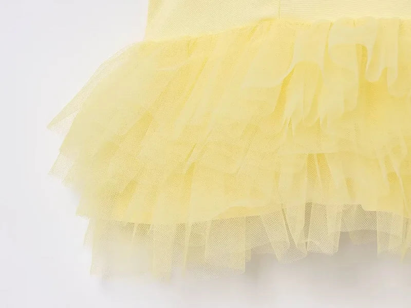Yellow Puffy Mesh Tops for Women Strap Ruffle Crop Top Woman Sexy Backless Tulle Top Female Summer Camisole Mini Top Women