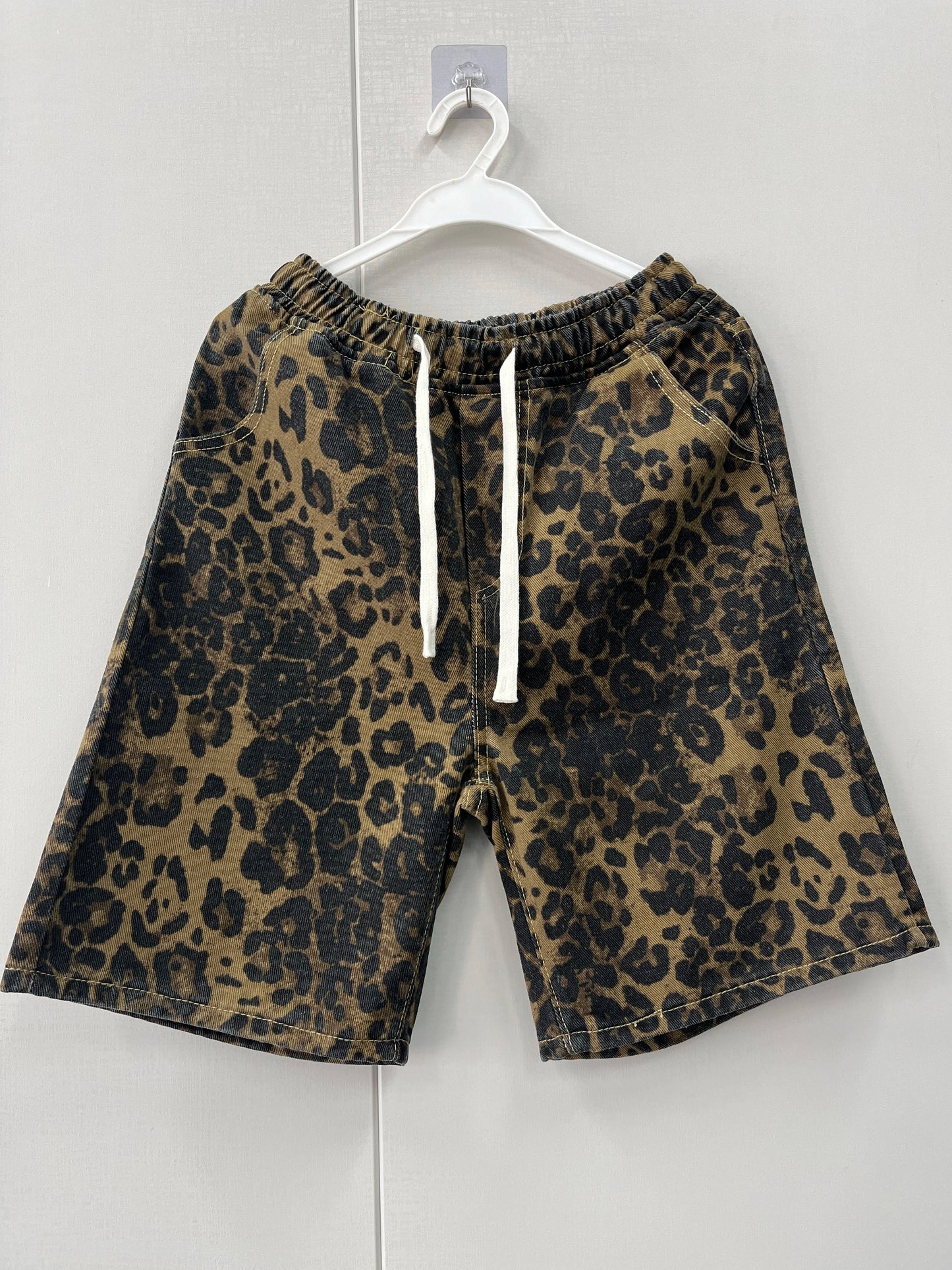 Men Leopard Denim Shorts Summer Thin American High Street Drawstring Casual Pants Loose Popular Versatile Handsome Trousers