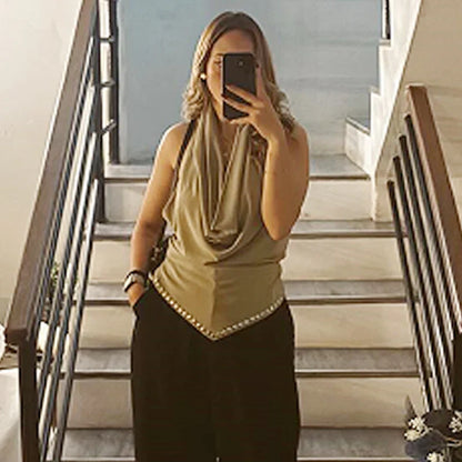 2025 Rivet Halter Neck Tops For Woman Autumn Sexy Crop Ruffled Tanks & Camis Female Sleeveless Backless Tank Top Chic Vests