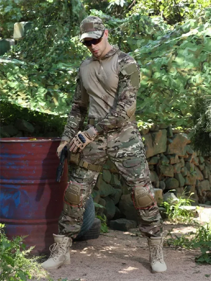 Outdoor Tactical Uniform Military Camo Hiking Training Shirts Workwear Cargo Pants+Pads Airsoft Paintball Hunting Clothes Sets