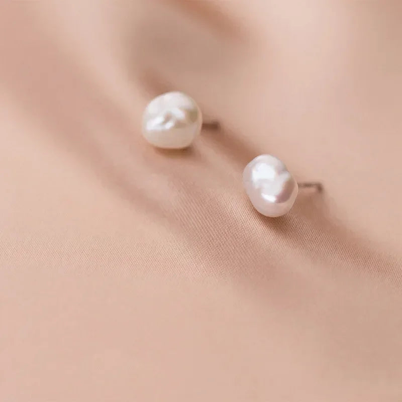 Authentic 925 Sterling Silver Sweet Irregular Pearl Stud Earrings For Women Wedding Party FIne Jewelry DA1224