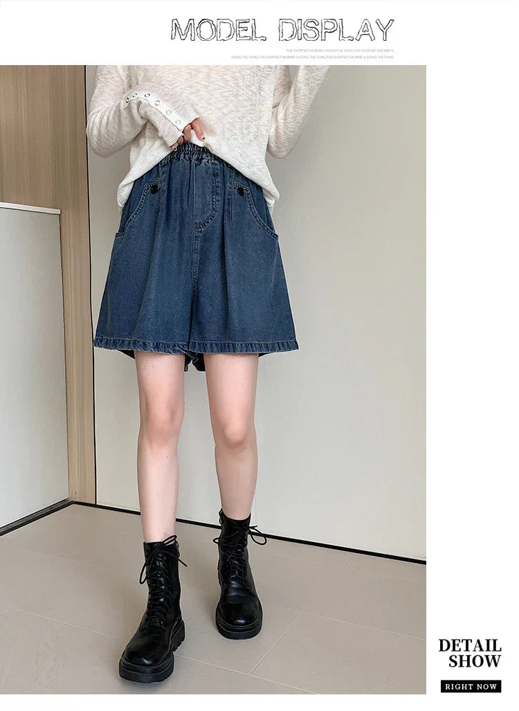 New 2024 Summer Plus Size Denim Shorts For Women High Elastic Wasit Wide Leg Loose Blue Jean Short Women Streetwear Half Jeans