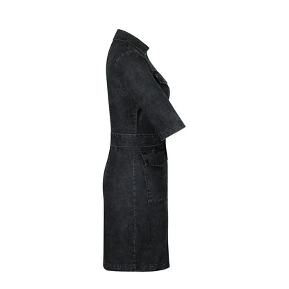 Women Denim mini Dresses Zipper Solid Color Dress Turn Down Collar Belt Streetwear Pockets Short Sleeve Slim Fit Sexy summer