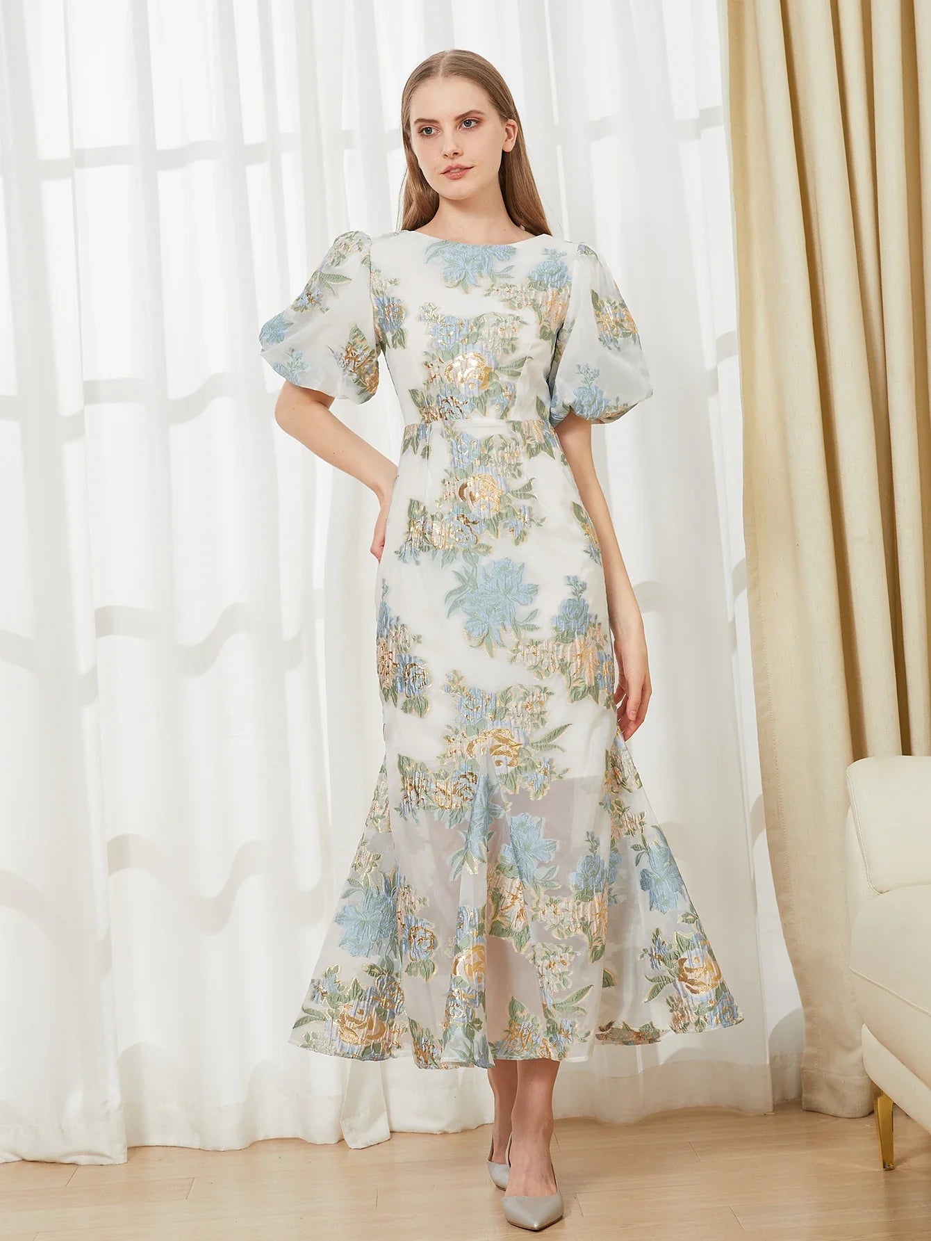 Elegant Floral Organza Fishtail Long Dress Maxi Luxury Mermaid Evening Dress Puff Sleeve Fashion Slim Party Club Dress