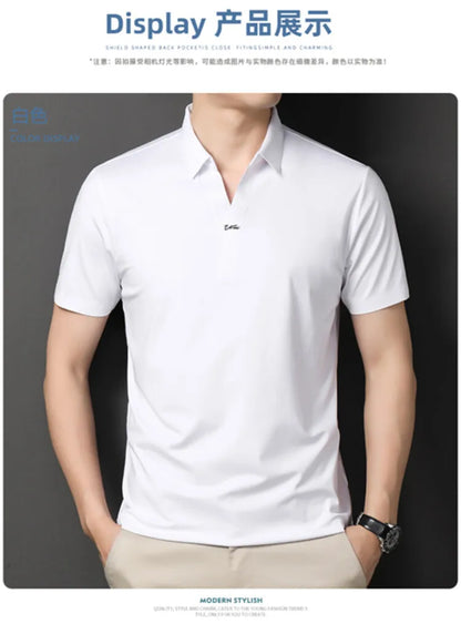 2024 High-quality Elastic Stretch POLO, Business Casual Men's Short-sleeved Shirt, Seamless V-neck M-4XL Men's Polo Shirt