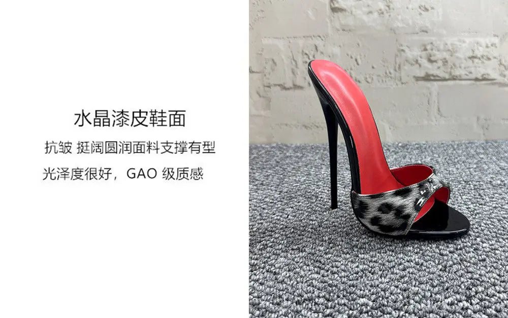 New 12cm fashionable high-heeled patent leather leopard print slippers with sexy open toed sandals, reversed size, 33-46