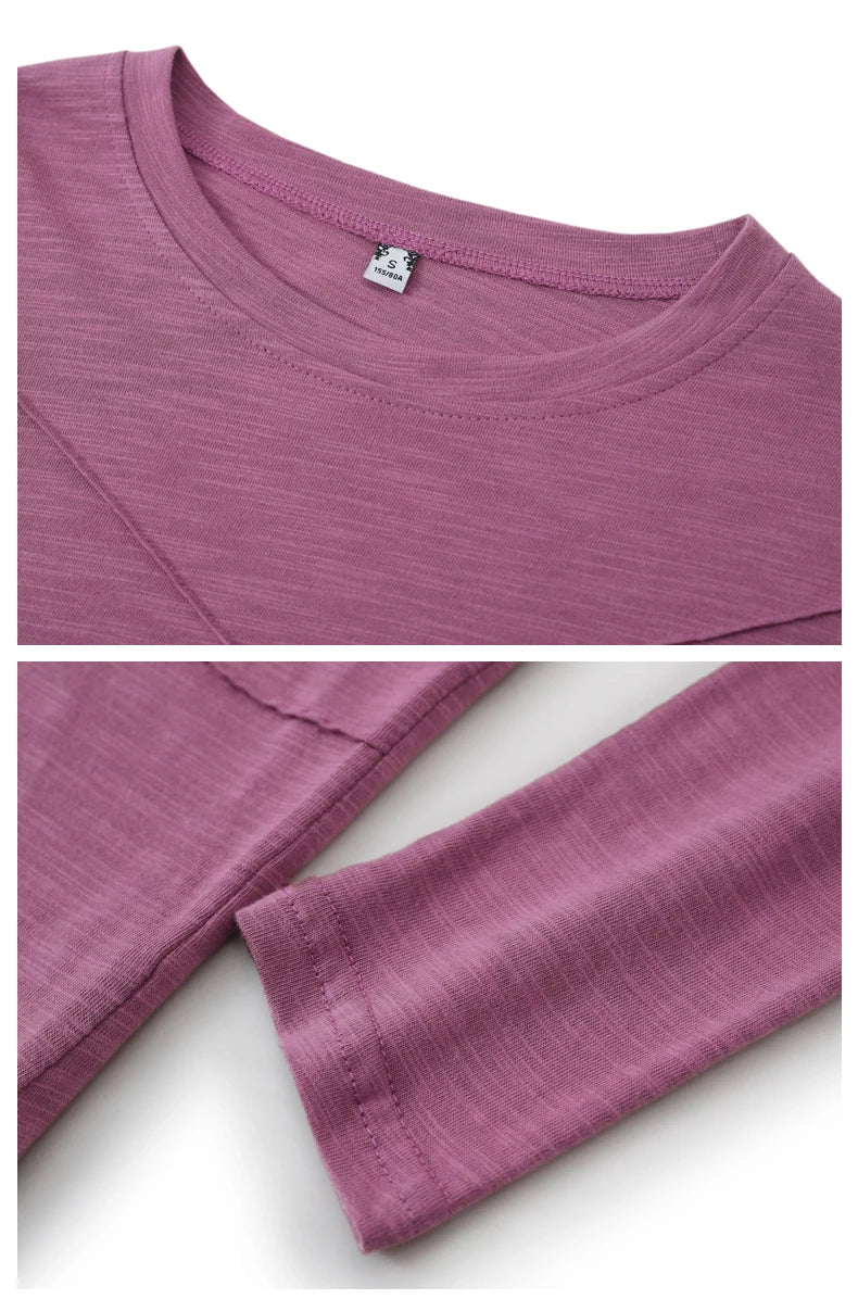 2026 Spring Long Sleeve Women O-Neck Bamboo Cotton T-Shirt Elegant Loose Ribbed Fashion Tee Shirt Ladies Simple Tops