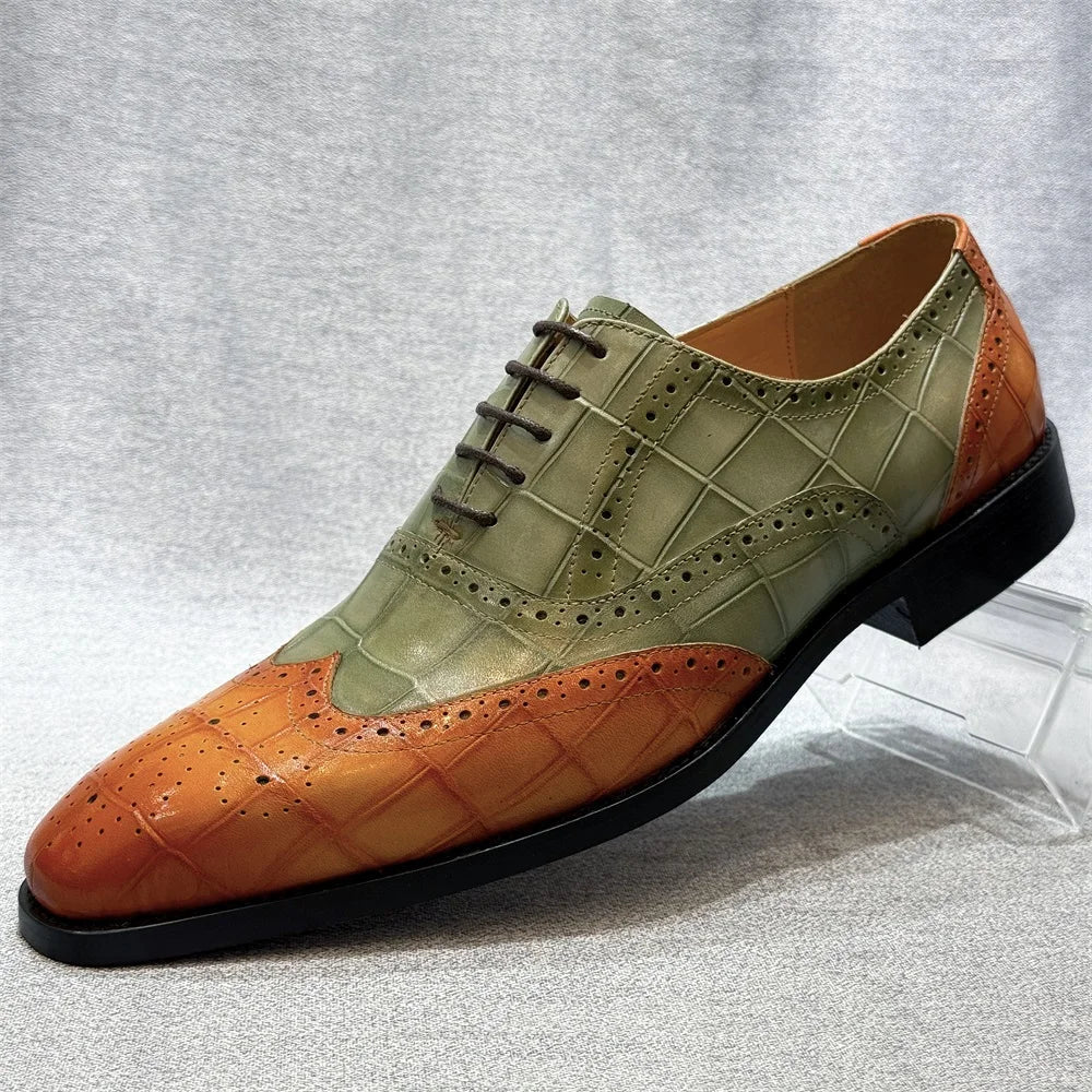 Men's Genuine Leather Wingtip Oxfords Shoes Italian Wedding Dress Shoes Green/Camel Business Formal Male Footwear