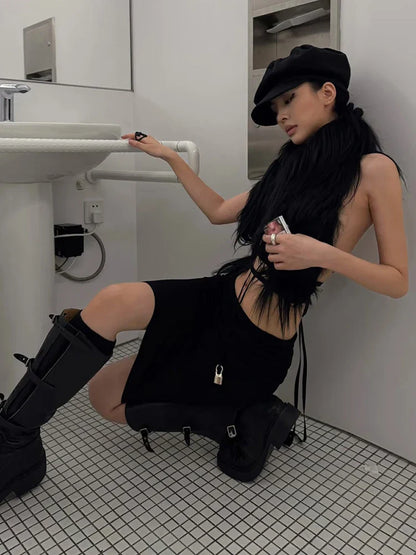 Hottie Sexy Furry Halter Top Women Fur Collar Backless Lace-Up Coquette Dark Punk Style Music Festival Clubwear Vests