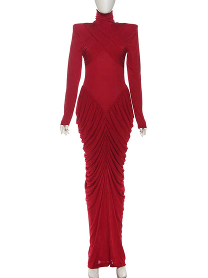 Autumn New Style Maxi Dress Women Turtleneck Full Sleeve Backless Skinny Stretch  Prom Party Ruched Elegant Vestidos
