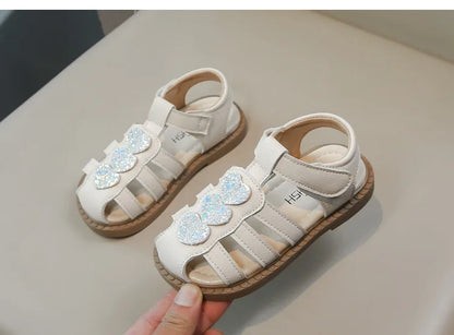 Kid Shoes Children Sandals Bling Heart-shape Summer Girl Princess Shoe Flat Heel Sandals Children Girls Performance Shoes I03022