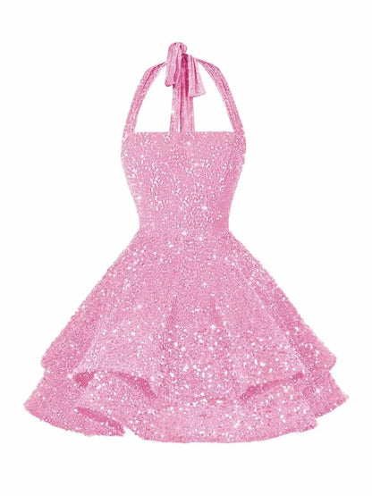 Sequin Short Homecoming Dress for Teens Short Prom Dresses Halter Neck Sparkly Tiered Cocktail Party Gowns