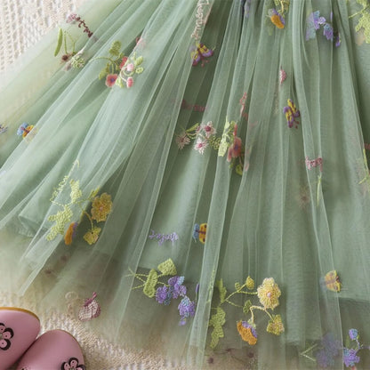 Outdoor Summer Cute Princess Dress Toddler Baby Girls Embroidery Flower Suspender Mesh Dresses Birthday Party Princess Dresses