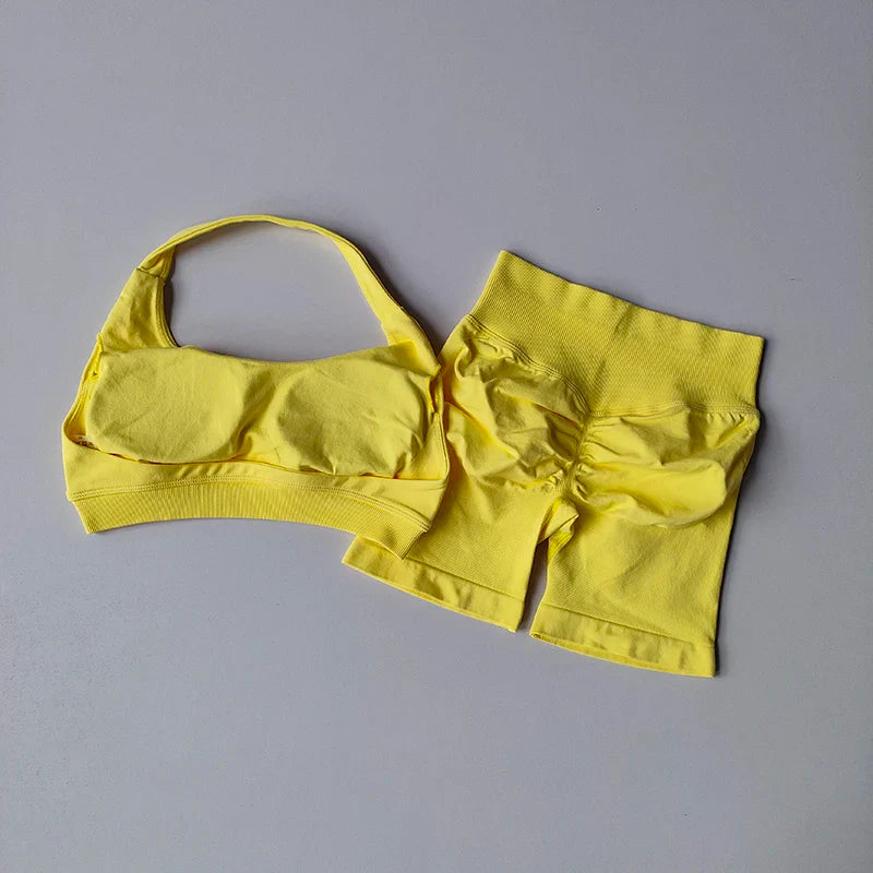 Sexy Halter Neck Beautiful Back High Waist Peach Sports Bras Shorts Suit Pilates Gathering Yoga Vest Training Fitness Bra Sets