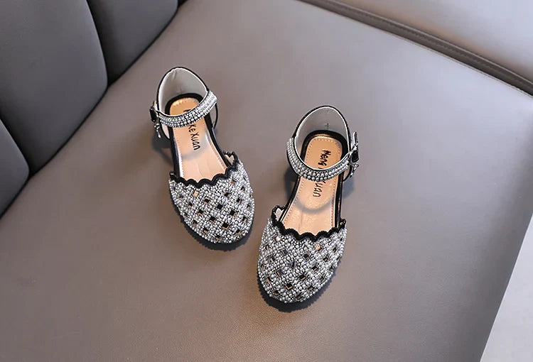 Summer Girl's Sandals Sliver Pink Diamante Luxury Hollow-out Kids Sliders Hook-loop Round Toe Glitter Stylish Children Shoe26-36