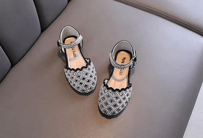 Summer Girl's Sandals Sliver Pink Diamante Luxury Hollow-out Kids Sliders Hook-loop Round Toe Glitter Stylish Children Shoe26-36