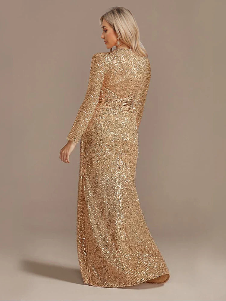 Luxury Floor Length V-Neck Evening Dress 2025 Women Elegant Party Maxi Dress Sequin Long Sleeves Prom Cocktail Dress