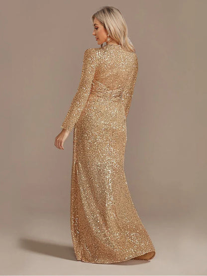 Luxury Floor Length V-Neck Evening Dress 2025 Women Elegant Party Maxi Dress Sequin Long Sleeves Prom Cocktail Dress