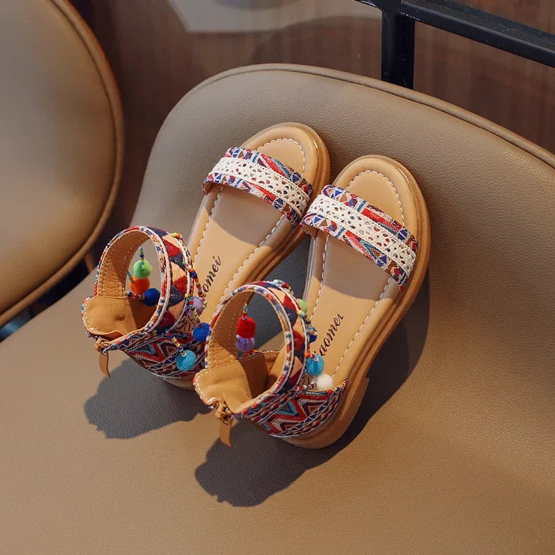Ethnic Style Simple Children Roman Shoes 2024New Soft Breatheable Flats Open-toe Kids Shoes Non-slip Girls Sandals GLADIATOR