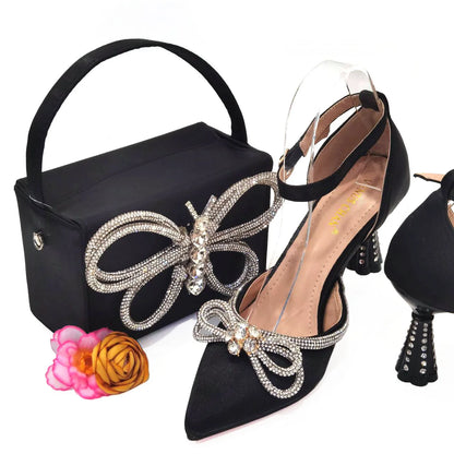 Ladies Pointed-Toe Party High Heels Magenta Colour Bow Rhinestone Stereo Bag Evening  African Wedding Shoe And Bag Set