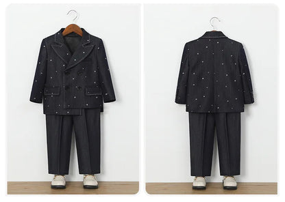 Autumn Children Boys Wedding Suit Star Printed Blazer Vest Pant 3/4/5Pcs Suit Outfit Set Formal Elagant Suit For Boys 1-10 Years