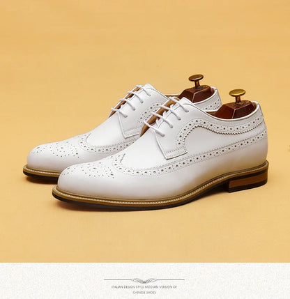 Luxury Men's Dress Shoes Genuine Leather Brogue Wingtip Toe Oxford White Lace-Up Business Wedding Formal Men Shoes