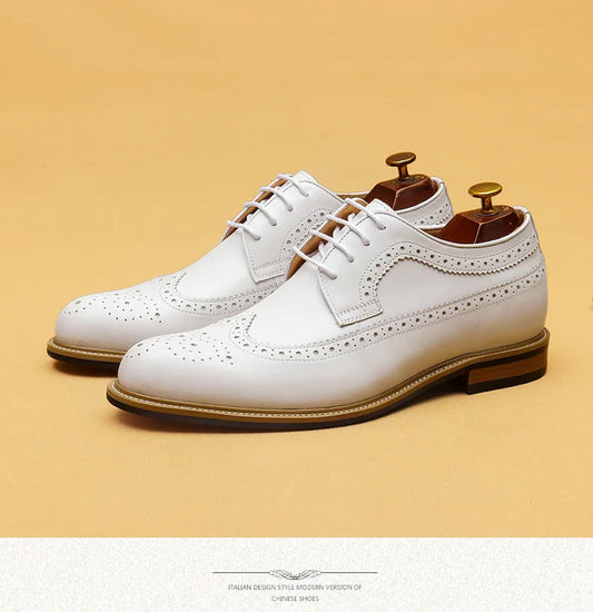 Luxury Men's Dress Shoes Genuine Leather Brogue Wingtip Toe Oxford White Lace-Up Business Wedding Formal Men Shoes