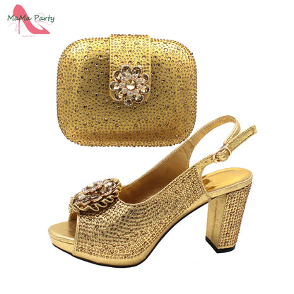 African Mature Women Shoes and Bag to Match in Teal Color Comfortable Heels with Platform for Garden Party